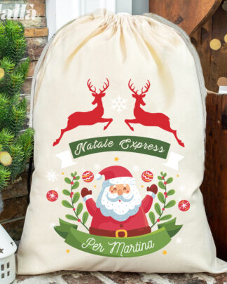 Sacca di Babbo Natale Personalizzata con Renne e Ghirlande