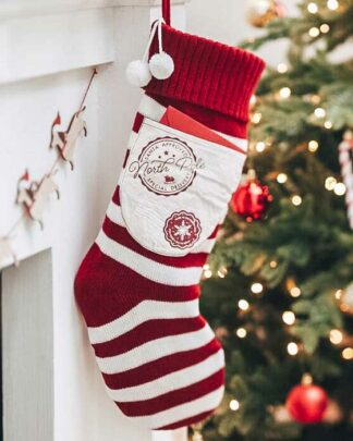 Calza Natalizia a Righe Rossa e Bianca con Taschino - Decorazione di Natale - Porta Doni