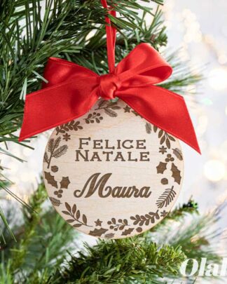 Pallina di Natale Personalizzata Tonda con Decoro Agrifoglio e Frase