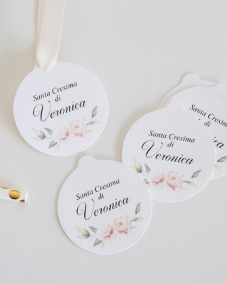 Tag Tondi per Bomboniere Personalizzati con Nome e Decoro Rose - Cresima, Comunione, Battesimo