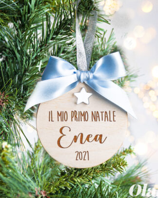 Pallina di Natale in Legno con Fiocco di Raso e Stellina Primo Natale di Bambino