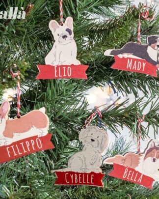 Palline di Natale a Forma di Cane con Banner Rosso Personalizzata con Razza e Nome