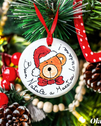 Pallina di Natale in Ceramica Dipinta a mano con Orsacchiotto e Frase