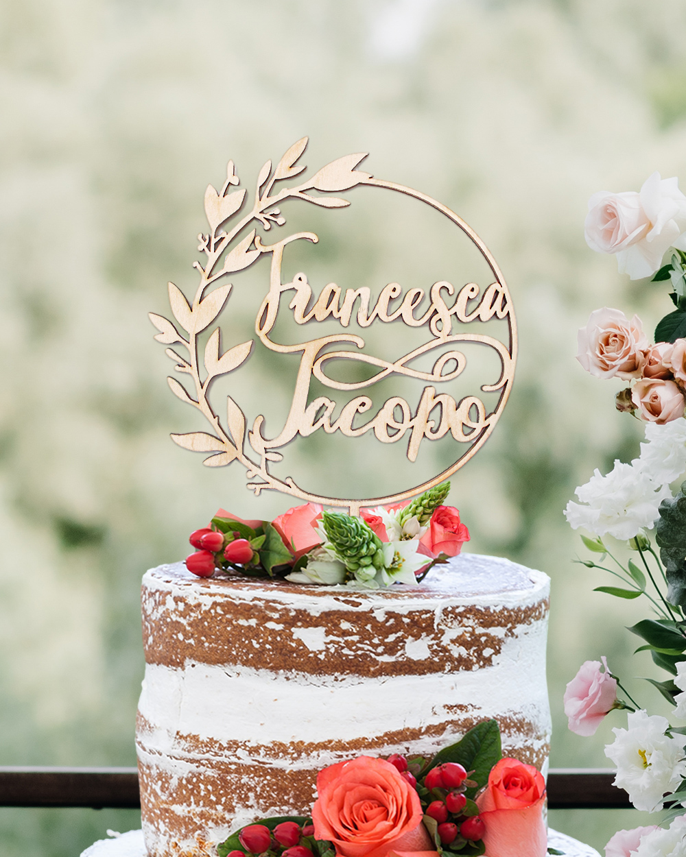 Cake Topper Cerchio con Fiori e Nomi degli Sposi - immagine 2