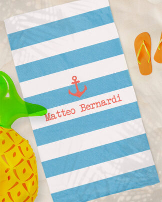 Telo Mare a Strisce Bianche e Azzurre con Nome Personalizzato in Stile Marinaro