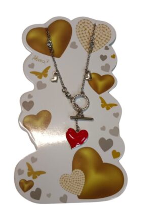 Collana Bijoux Color Argento con Charm Pendente  Cuore  Rosso Laccato e Brillantini - Idea Regalo per Lei, Fidanzata, San Valentino, Anniversario