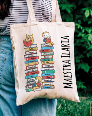 Borsa Shopper per Regalo Maestre Personalizzato con Nomi dei Bambini su Libri e Nome Insegnante- Idea Regalo Fine Anno Scolastico