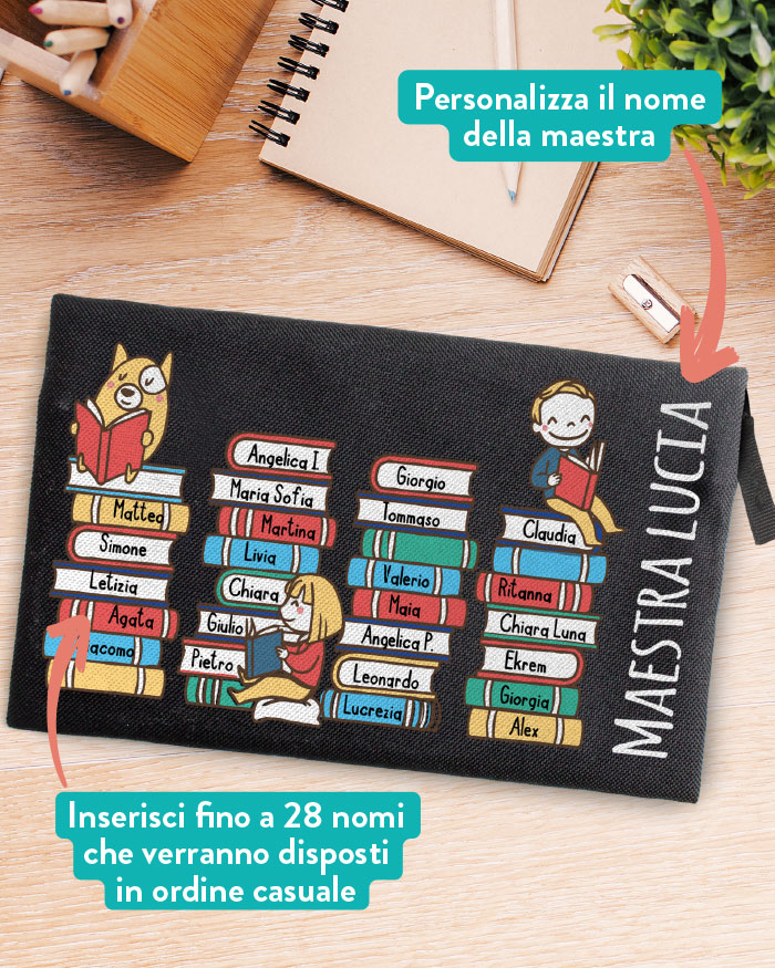 Astuccio Portapenne Personalizzato con Nome della Maestra e dei Bambini su Libri Colorati - Idea Regalo di Fine Anno per le Maestre - immagine 2