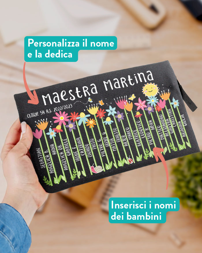 Astuccio Portapenne Personalizzato Con Fiori con Nome della Maestra e dei Bambini - Idea Regalo di Fine Anno per le Maestre - immagine 3