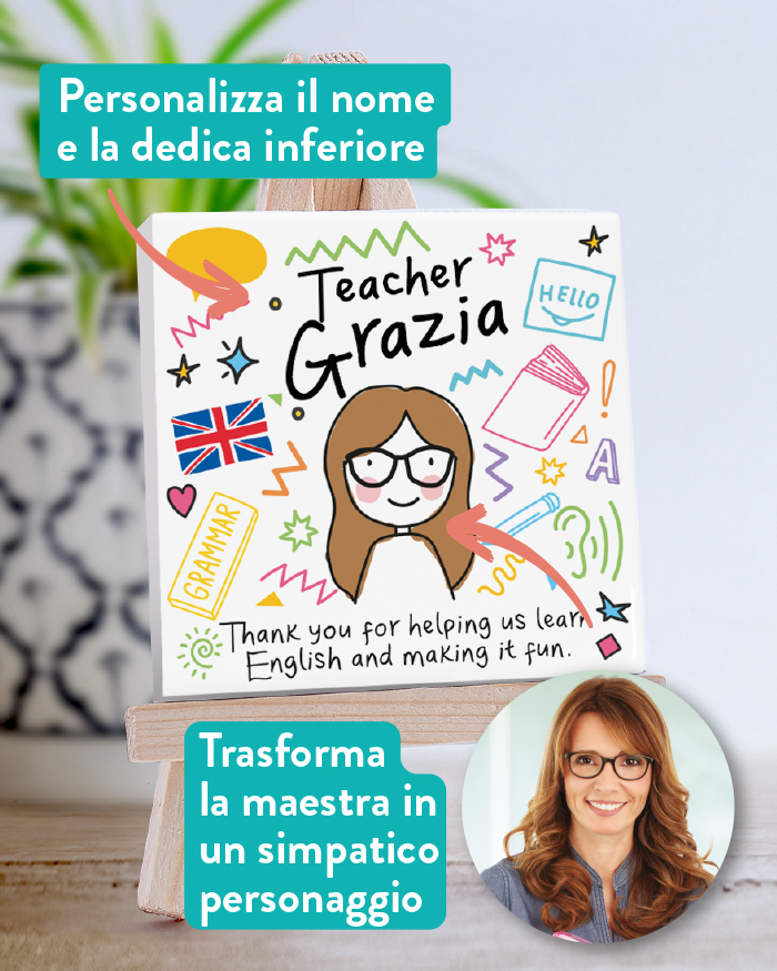Piastrella di Ceramica Personalizzata per la Maestra d’Inglese con Nome, Dedica e Omino Stilizzato – Idea Regalo Maestra, Fine Anno Scolastico - immagine 2