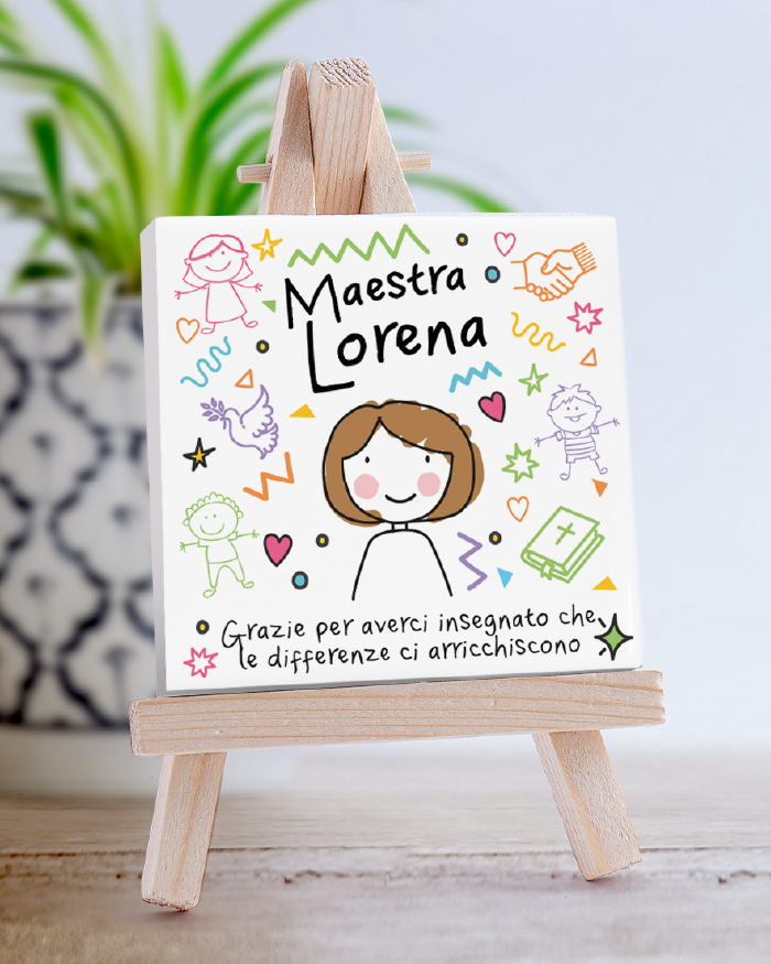 Piastrella di Ceramica Personalizzata per la Maestra di Religione con Nome, Dedica e Omino Stilizzato – Idea Regalo Maestra, Fine Anno Scolastico