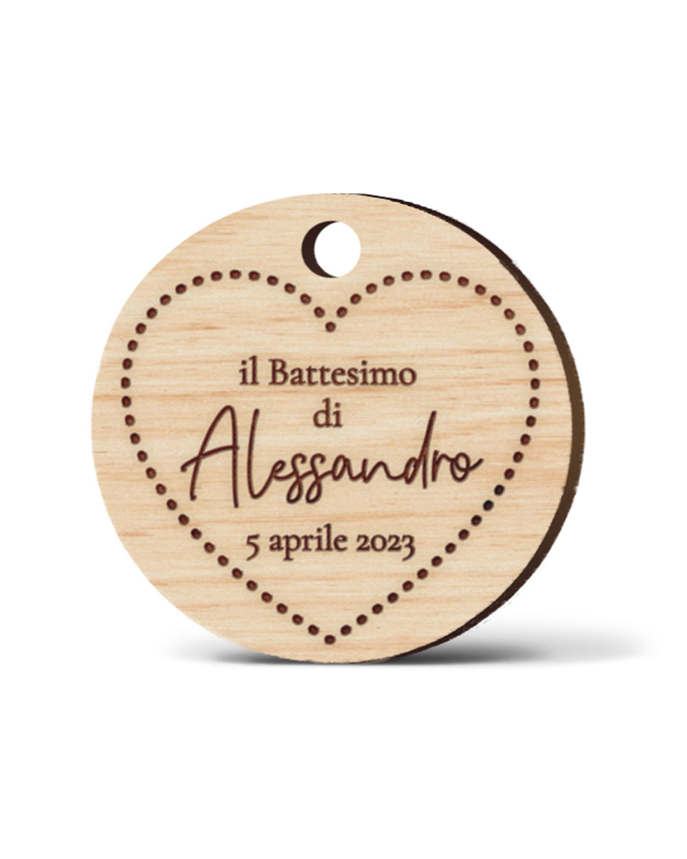 Tag in Legno Personalizzati con Nome, Data e Cuoricino - Idea Decorazione Bomboniere per Battesimo - immagine 2