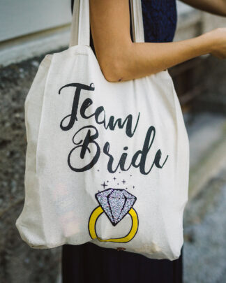 Tote Shopper Bag "Team Bride" con Disegno di Anello con Diamante in Cotone Naturale