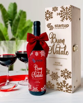Bottiglia di Vino e Cassettina in Legno Natalizia Regalo Aziendale