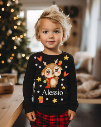 Maglietta Natalizia per Bambino con Tenero Animale di Natale, Stelline, Personalizzata con Nome
