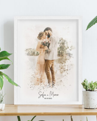 Ritratto Effetto Acquerello dalla Tua Foto Stampato e Incorniciato - Idea Regalo per Anniversario, San Valentino