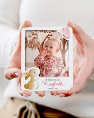 Calamita Personalizzata con Foto e Testo, Decorata con Coniglietto e Farfalla - Idea Bomboniera per Battesimo, Nascita Bambina