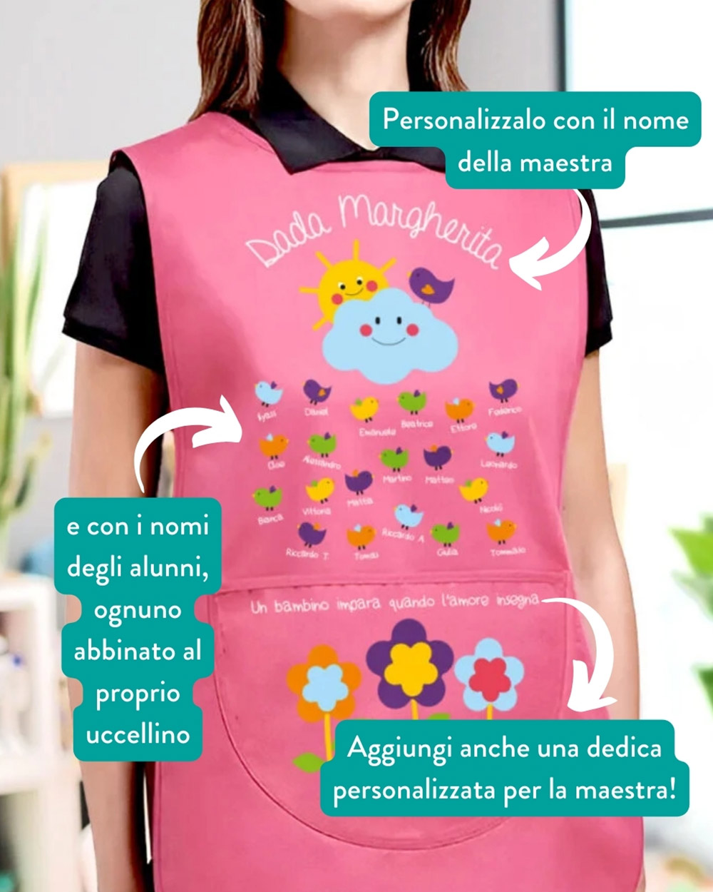 Grembiule per Maestra o Dada dell'Asilo e del Nido Personalizzato con Nome, Dedica e Pulcini Colorati - Idea Regalo Maestra dell’Asilo, Nido, Fine Anno Scolastico - immagine 12