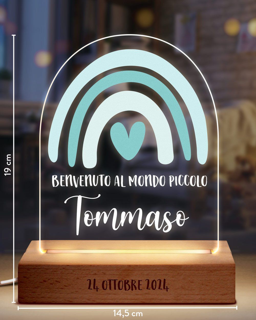 Lampada a Led in Plexiglass, Personalizzata con Arcobaleno Azzurro – Idea Regalo per Nascita, Battesimo, Primo Compleanno - immagine 2