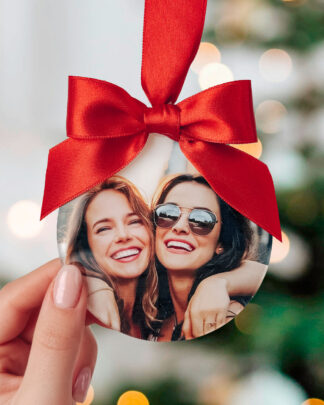Decorazione di Natale Pallina Personalizzata con Foto, Fiocco Rosso - Idea Regalo Natale Amici