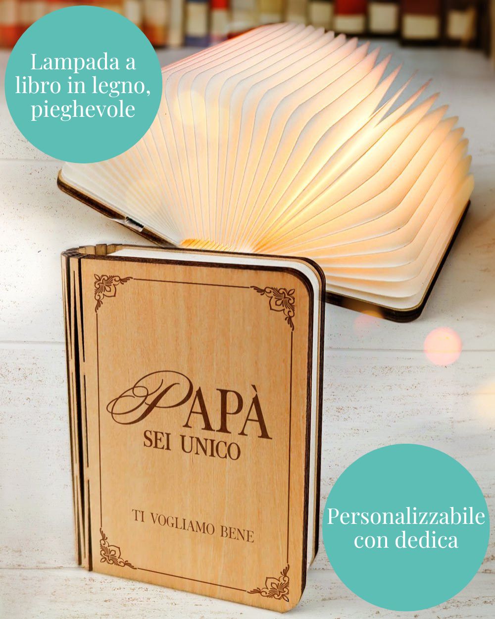 Lampada Portatile a Libro Pieghevole Personalizzata con Dedica - Idea Regalo per il Papà, Festa del Papà, Compleanno - immagine 2