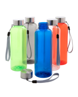 Borraccia in Plastica RPET Colore Assortito con Tappo in Acciaio e Tracolla